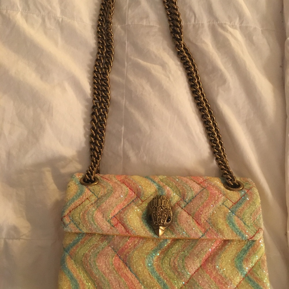 Kurt Geiger Pastel Rainbow Glitter Quilted Crossbody with Brass Chain